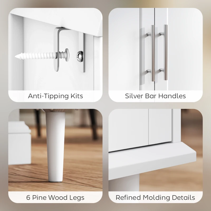 HOMCOM Mobilier de Sufragerie, Credență cu 2 Sertare și 3 Dulapuri cu Rafturi Reglabile, Comodă cu Picioare din Pin pentru Sala de Mese și Bucătărie, 120x38x86 cm, Alb