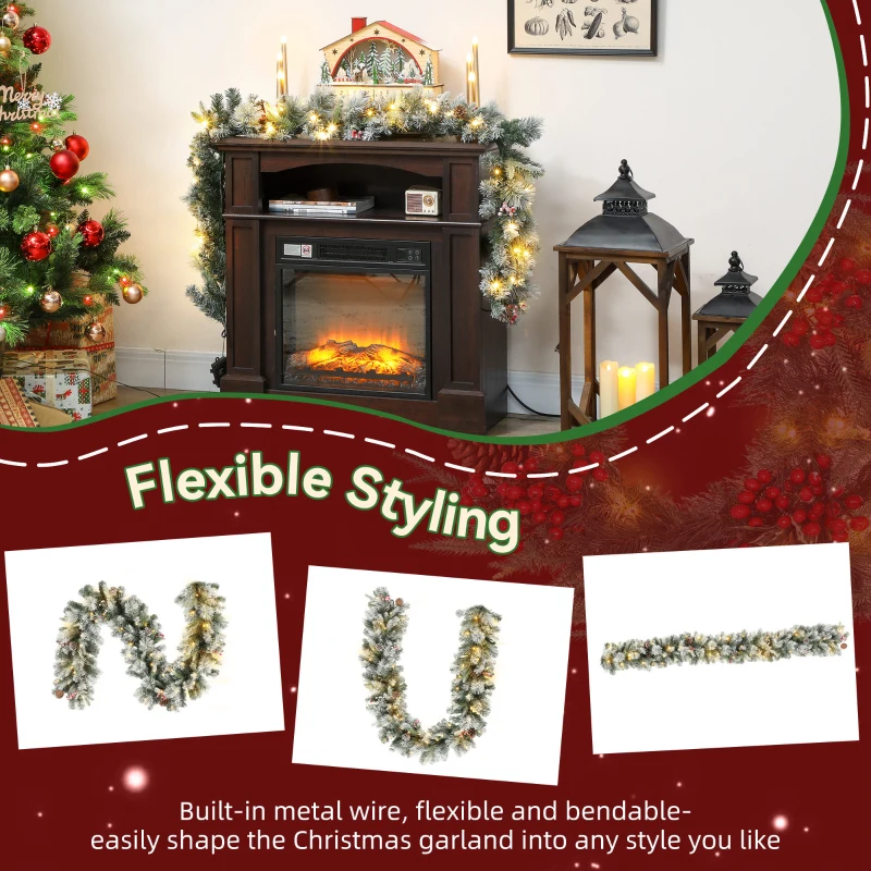 HOMCOM Ghirlandă de Crăciun Ø25x180 cm cu 50 de Lumini LED, Conuri de Pin și Boabe, din Plastic și Metal, Verde și Alb