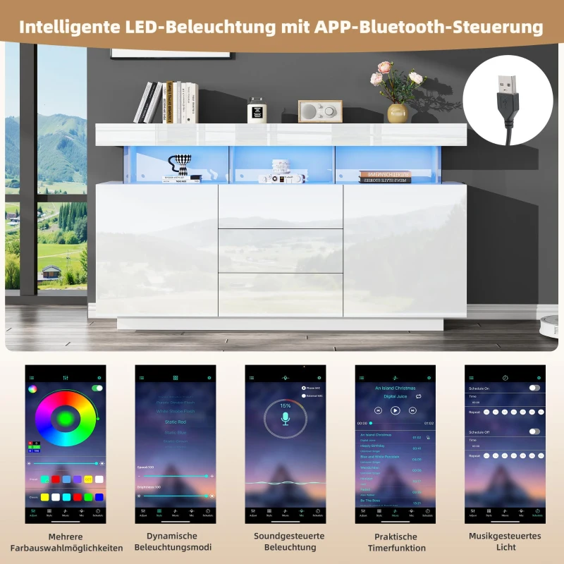 High-gloss Storage Cabinet with App-Controlled LED Lighting, Locker with Adjustable Shelves and Soft-close Drawers, 140L x 35W x 80H cm, White