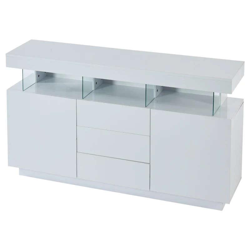 High-gloss Storage Cabinet with App-Controlled LED Lighting, Locker with Adjustable Shelves and Soft-close Drawers, 140L x 35W x 80H cm, White