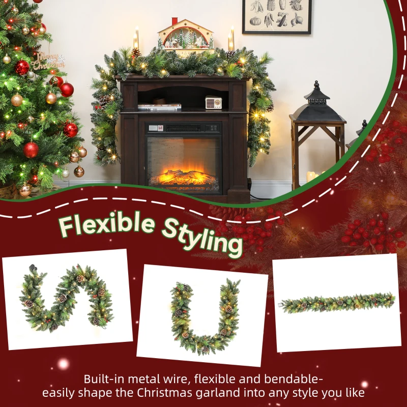 HOMCOM Ghirlandă de Crăciun 183 cm cu Crengi Înzăpezite și 30 de Lumini Albe, Conuri și Boabe pentru Interioare