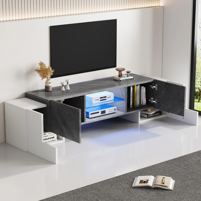 Modern TV Cabinet with App-Controlled LED Lighting, Media Cabinet with 4 Doors and 2 Open Shelves, 180L x 40W x 46.5H cm, Grey+White