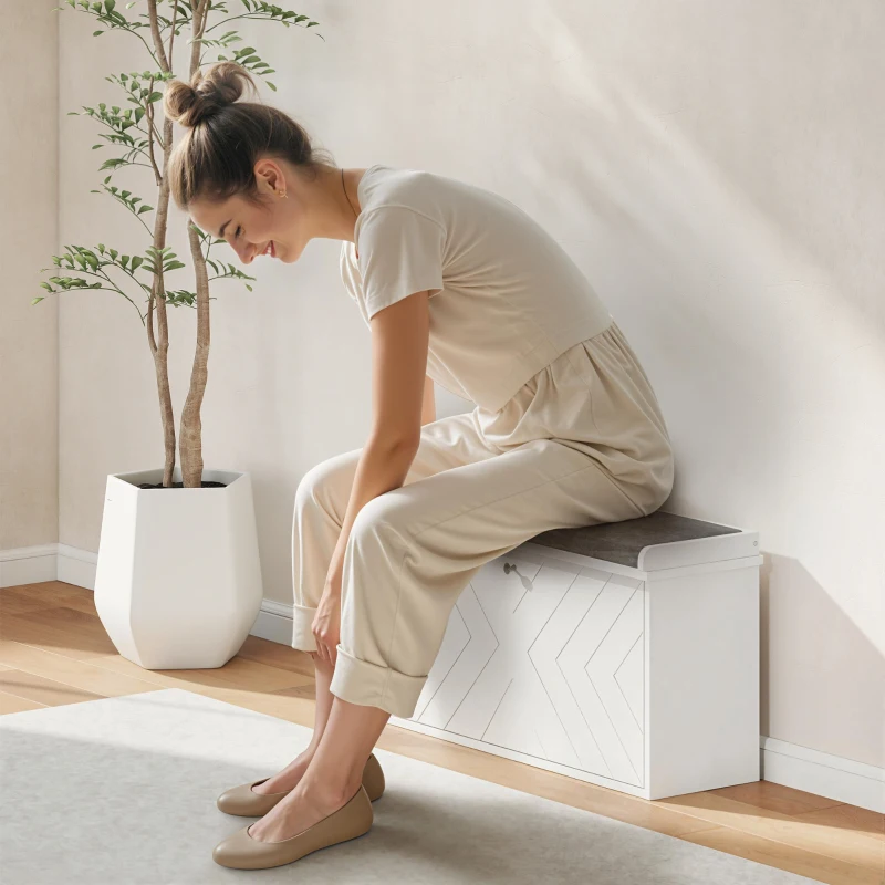 HOMCOM Mueble Zapatero con Banco con Estantes Ajustables y Cojín Acolchado para 8 Pares de Zapatos 80x26x48 cm Blanco