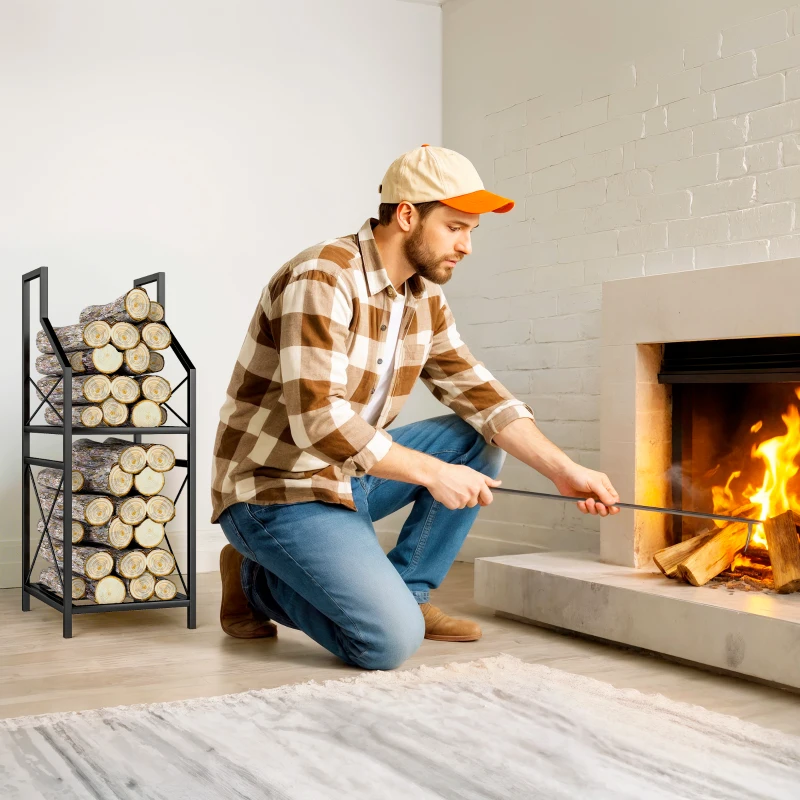 Outsunny Suport de Lemne Exterior a 2 Livelli din Metal cu Bază Ridicată Negru