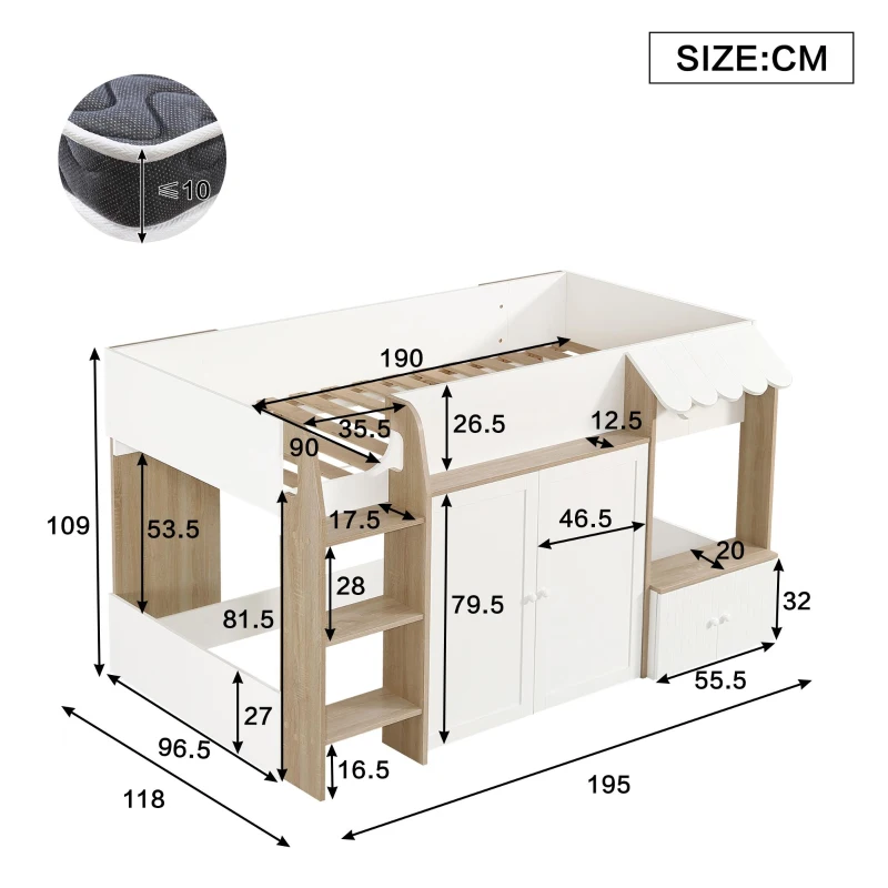 3ft Single High Sleeper Bed with Customisable Under-Bed Space, 3-Step Ladder Bed Frame for Children, 195L x 118W x 109H cm, White+Natural