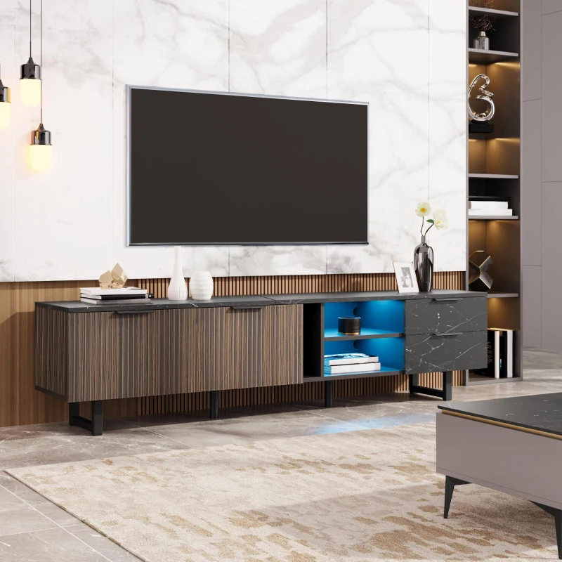 Modern TV Cabinet with 2 Wood-Grain Doors and 2 Open Shelves, TV Stand for Robot Vacuum Cleaners, 200L x 38W x 50H cm, Black+Wood