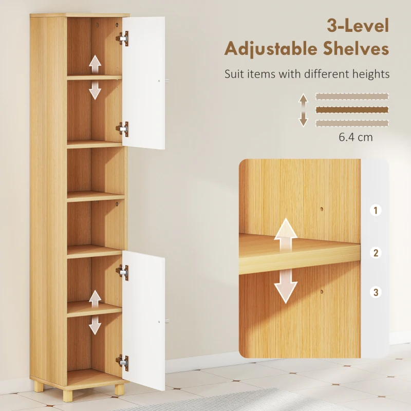 HOMCOM Dulap de Baie înalt cu Uși, 2 Rafturi Deschise, 2 Dulapuri, Dulap de Baie Economisitor de Spațiu cu Rafturi Reglabile pentru Sala de Mese Sufragerie, 30x30x166 cm, Alb și Lemn