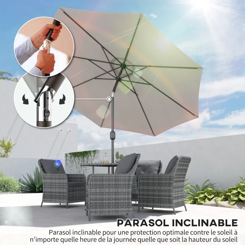 Outsunny Parasol de jardin extérieur Parasol droit inclinable Ø 3 m en métal Rond Polyester 180g/m² manivelle inclinable Gris Clair
