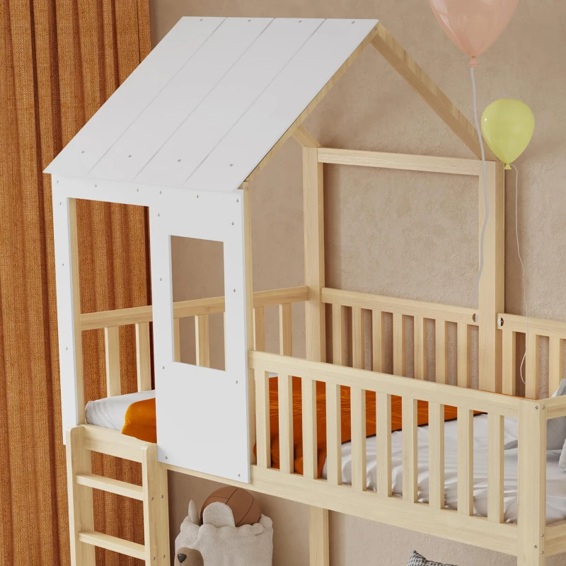 Wooden High Sleeper Bed with Slide and 3‑Step Ladder for Children, Bunk Bed with Playhouse Roof, 240.5L x 137.5W x 221H cm, White+Natural