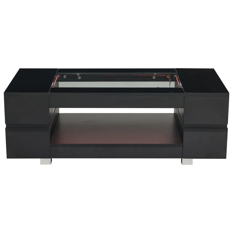 Modern LED Hollow Coffee Table with App-Controlled Light Strip, Desk with High-Gloss Toughened Glass Top, 100L x 50W x 35H cm, Black