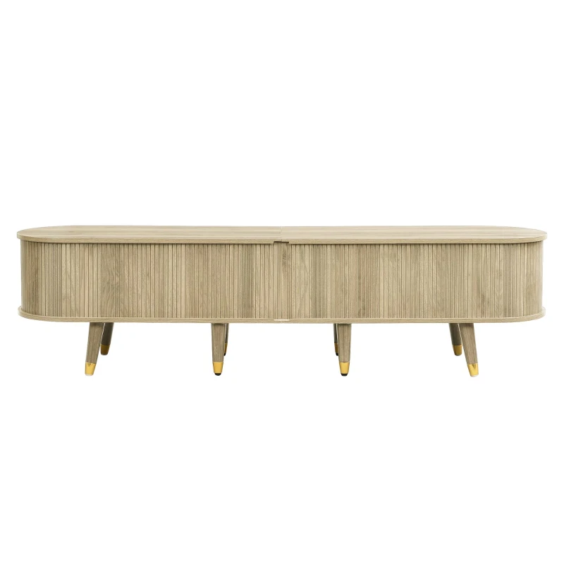 Modern TV Cabinet with Sliding Door, Large Multifunctional Storage, TV Stand with Open Shelves, Drawers, 175L x 38W x 45H cm, Natural