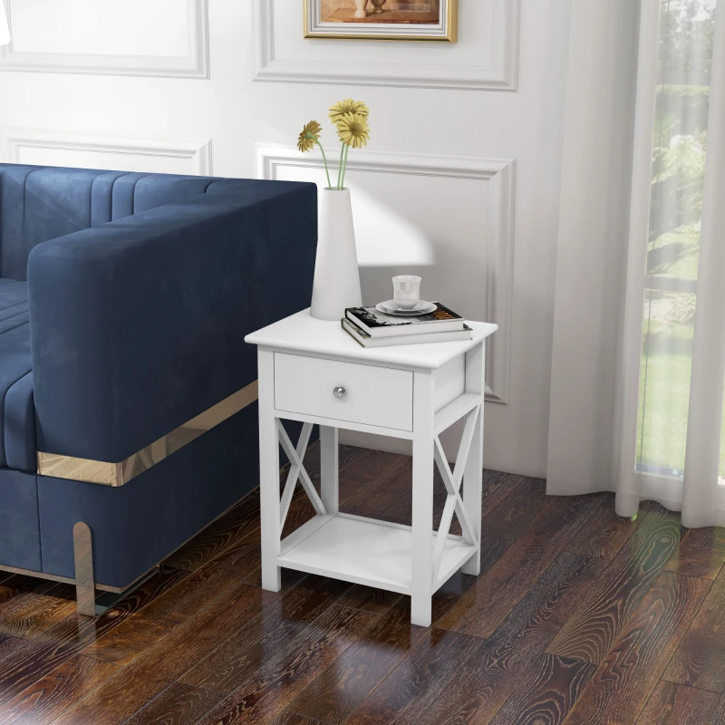 HOMCOM Table de Chevet Table d'appoint Bout de canapé Table de Nuit avec un tiroir et étagère en Bois Blanc