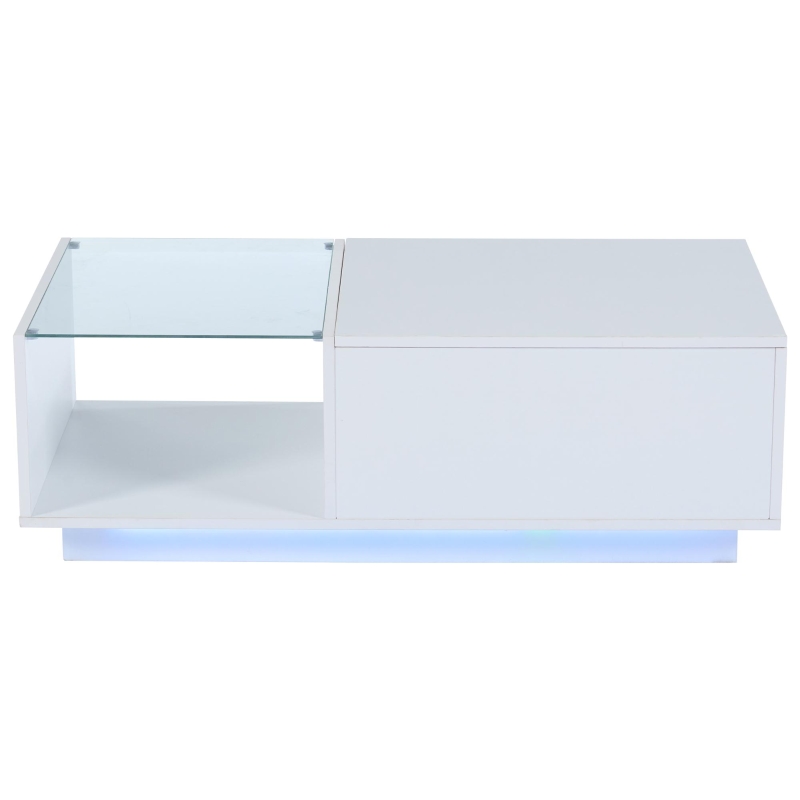 Lift-Up Coffee Table with Space-Saving Hidden and Open Storage, Desk with LED App-Controlled Lighting, 100L x 50W x 33H cm, White