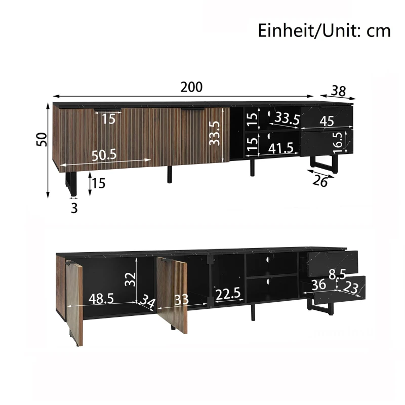Modern TV Cabinet with 2 Wood-Grain Doors and 2 Open Shelves, TV Stand for Robot Vacuum Cleaners, 200L x 38W x 50H cm, Black+Wood