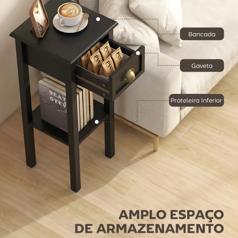 HOMCOM Mesa de Apoio com Gaveta e Prateleira de Armazenamento Estilo Moderno 30x30x75 cm Preto