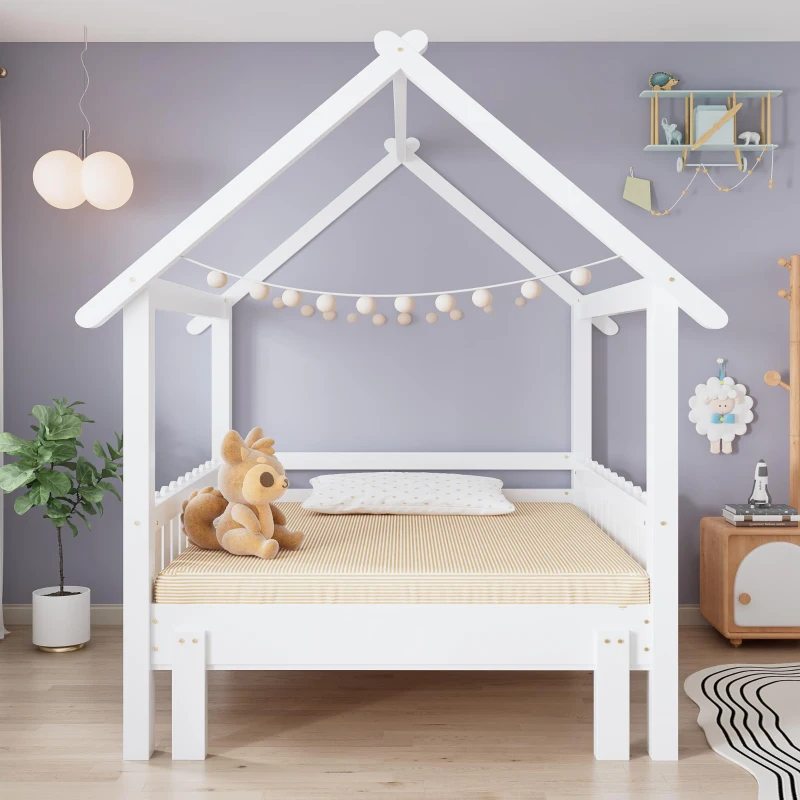 3ft Single Wooden Bed with Pull-Out Trundle and Sturdy Plywood Slats, Versatile Bed Frame for Bedrooms, 197L x 107.5W x 139H cm, White