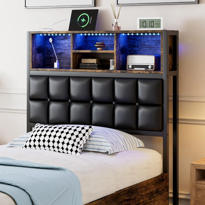 Hydraulic Storage Single Bed with Multi-Colour LED Strip, Charging Ports, Sponge Headboard for Bedrooms, 208L x 96W x 107H cm, Black+Neutral