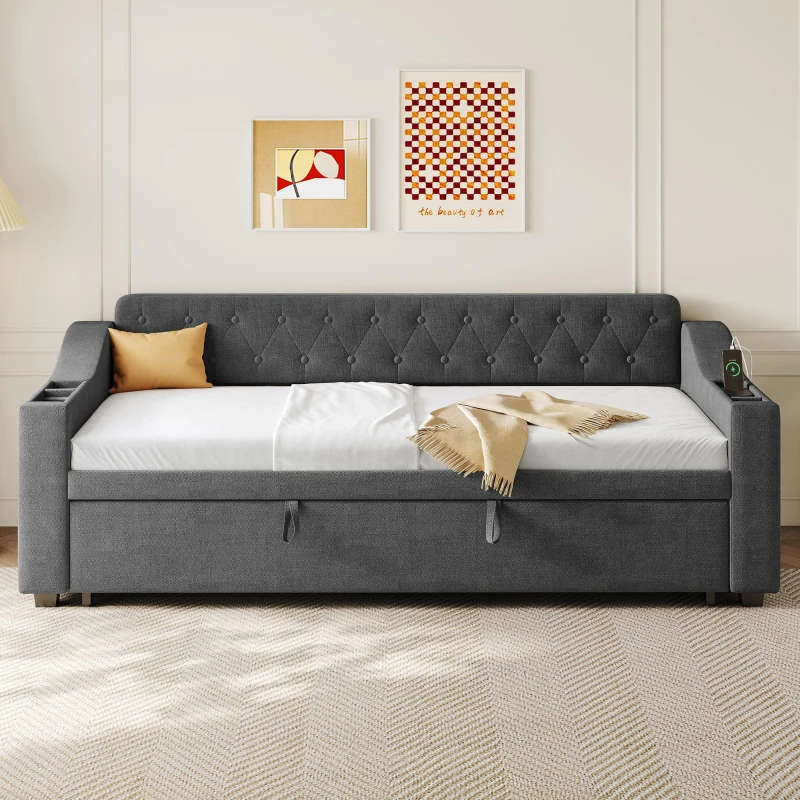 3-in-1 Upholstered Sofa Daybed with USB and Type-C Charging Station, Bed Frame with Built-In Armrest Storage, 217L x 191W x 81H cm, Grey