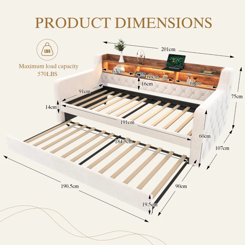 Space-Saving Sofa Bed with Adjustable LED Lighting and USB-C Port, Bed Frame with Built-in Storage Shelf, 201L x 107W x 75H cm, Beige