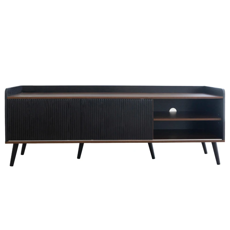Modern TV Cabinet with 2 Centre Drawers and Striped Sliding Doors, Storage Stand with Raised Top Edge, 160L x 40W x 58H cm, Black+Wood
