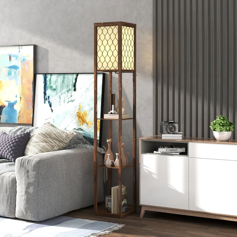 HOMCOM Three-Shelf Standing Lamp - Rustic Brown/White
