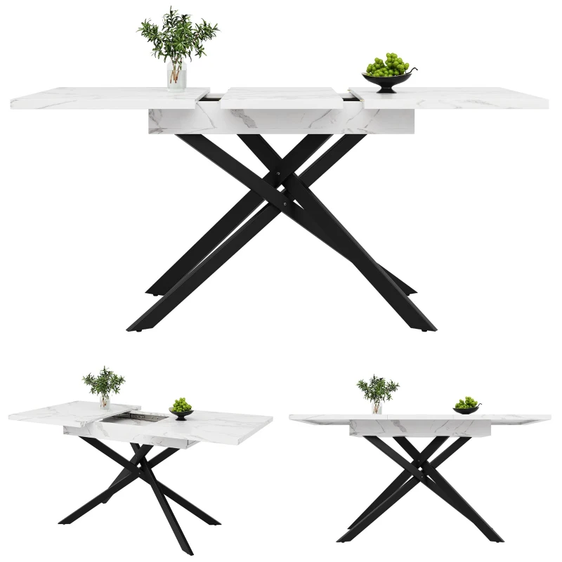6–8 Seats Extendable Dining Table with Modern Crossed Iron Legs, Kitchen Table with Marbled MDF Top, 120-160L x 80W x 76.5H cm, White