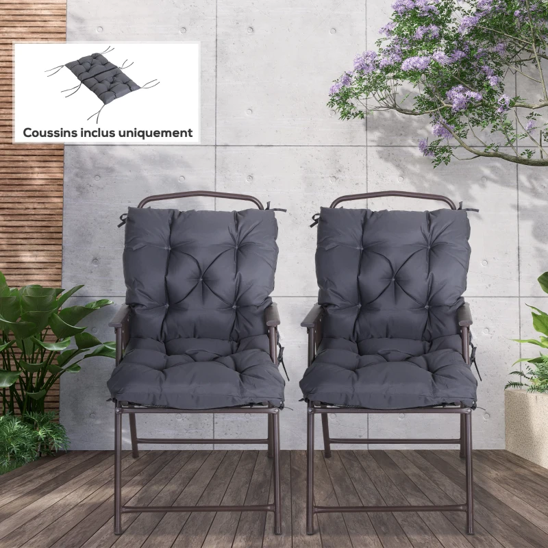Outsunny Lot de 2 coussins de chaise d'extérieur, galette de chaise avec attaches, coussins de jardin pour terrasse ou balcon, 98 x 50 x 8 cm, gris