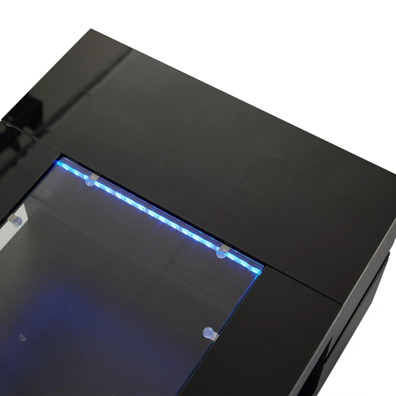 Modern LED Hollow Coffee Table with App-Controlled Light Strip, Desk with High-Gloss Toughened Glass Top, 100L x 50W x 35H cm, Black