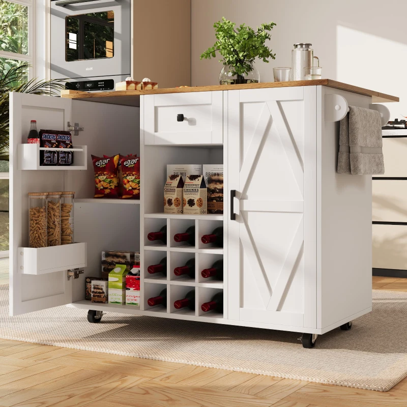 Modern Kitchen Island and Serving Trolley with Castors, Extendable Fold‑Out Dining Table with Side Shelves, 137.5L x 40-65W x 95.5H cm, White