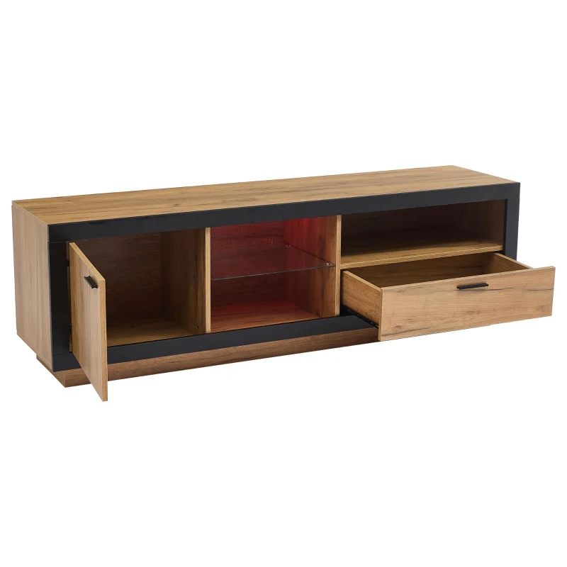 Modern TV Cabinet with App-Controlled LED Lights and USB Power, Media Cabinet with 3 Open Compartments, 160L x 40W x 50H cm, Wood