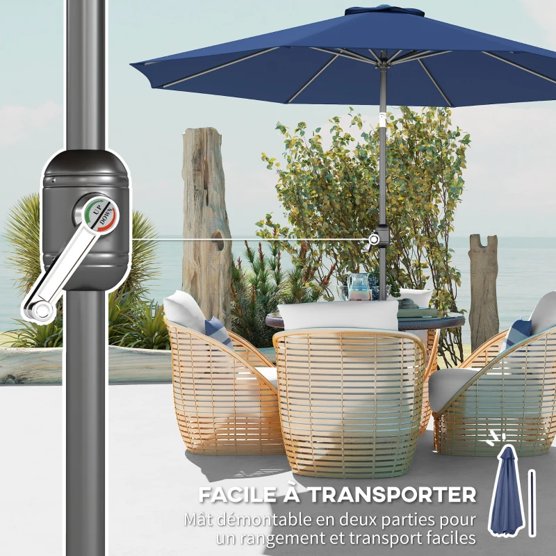 Outsunny Parasol de jardin extérieur Parasol droit inclinable Ø 3 m en métal Rond Polyester 180g/m² manivelle inclinable Bleu
