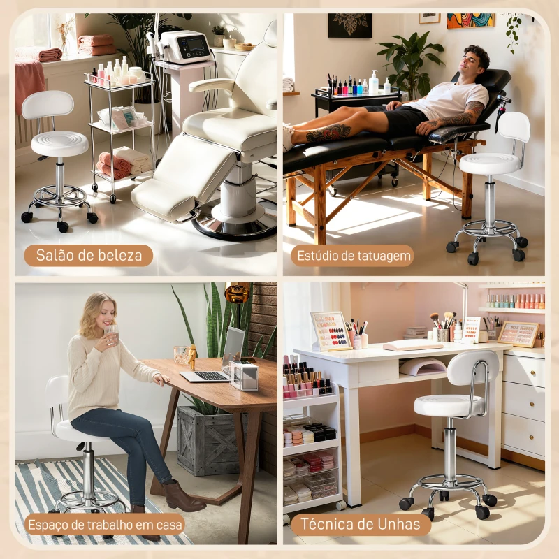 HOMCOM Banco Giratório com Rodas e Encosto Banco de Trabalho com Altura Ajustável Banco Estofado em Couro Sintético 32x40x70x70-86 cm Branco