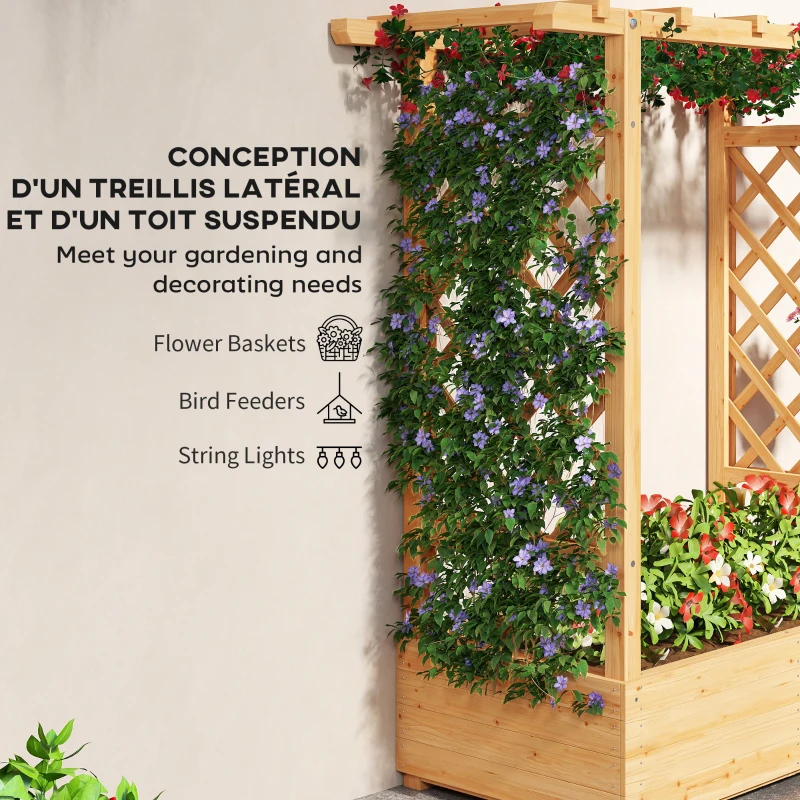 Outsunny Jardinière surélevée avec treillis latéral et supérieur, bac à fleurs trous de drainage, 110x44x113cm, bois naturel