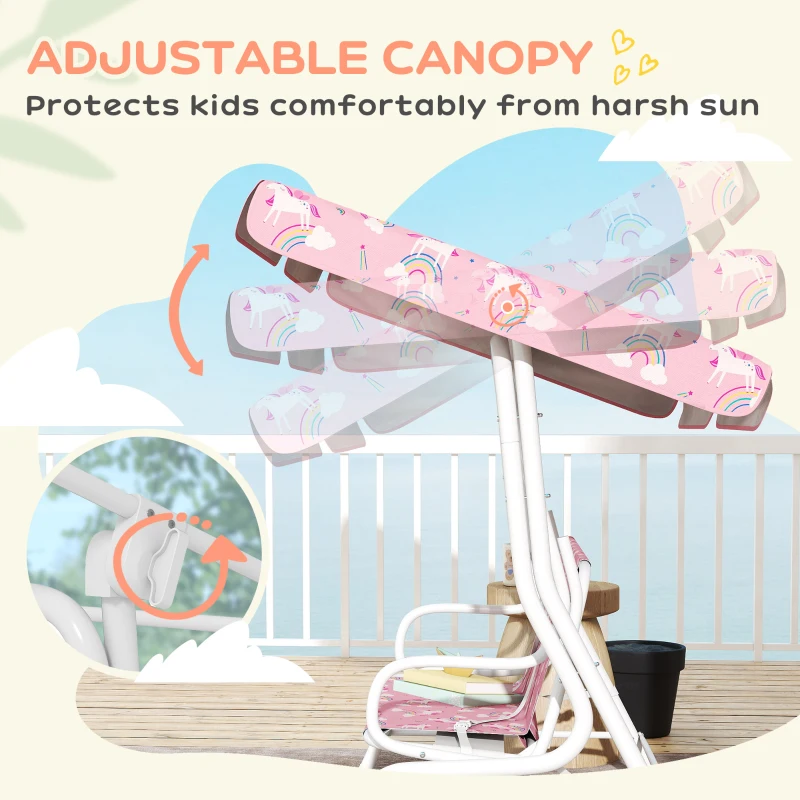 AIYAPLAY Kids Porch Swing, 2-Seater Patio Swing Bench Hammock with Seat Belts, Adjustable Canopy for Garden, Pink