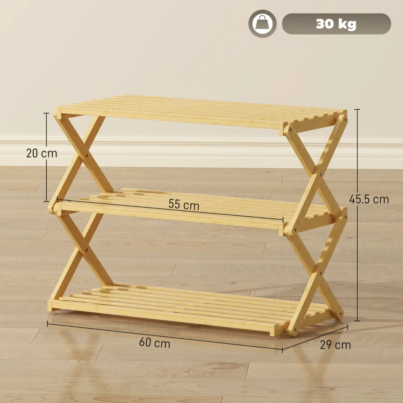 HOMCOM Three-Tier Folding Bamboo Shoe Rack - Natural Finish