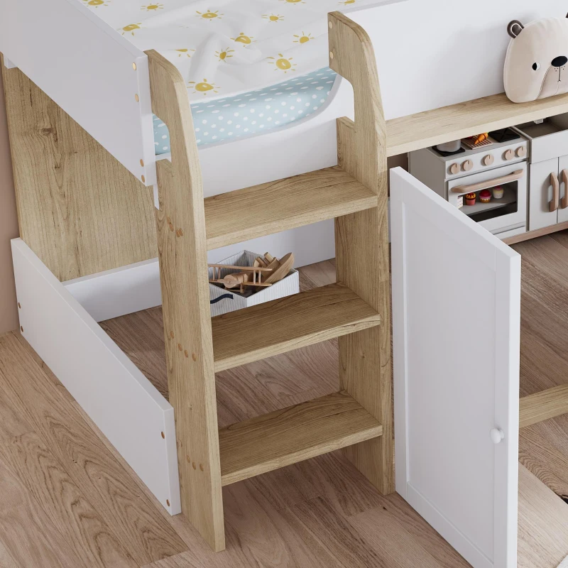 3ft Single High Sleeper Bed with Customisable Under-Bed Space, 3-Step Ladder Bed Frame for Children, 195L x 118W x 109H cm, White+Natural