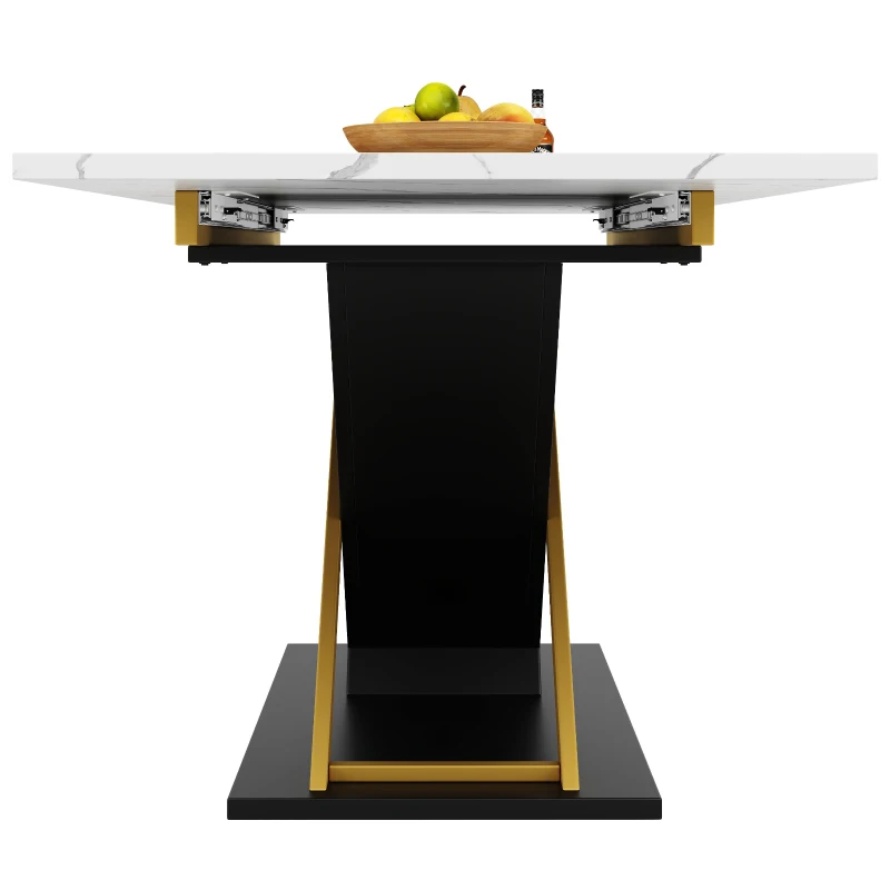 6–8 Seats Extendable Dining Table with Marble-Effect MDF Top, Kitchen Table with Metal Slide Rails, 120-160L x 80W x 75.5H cm, Black+Golden