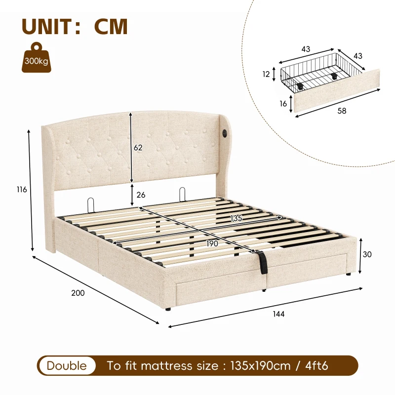 Double Upholstered Ottoman Bed with USB & Type-C Charging Station, Bed Frame with 2 Storage Drawers, 200L x 144W x 116H cm, Beige