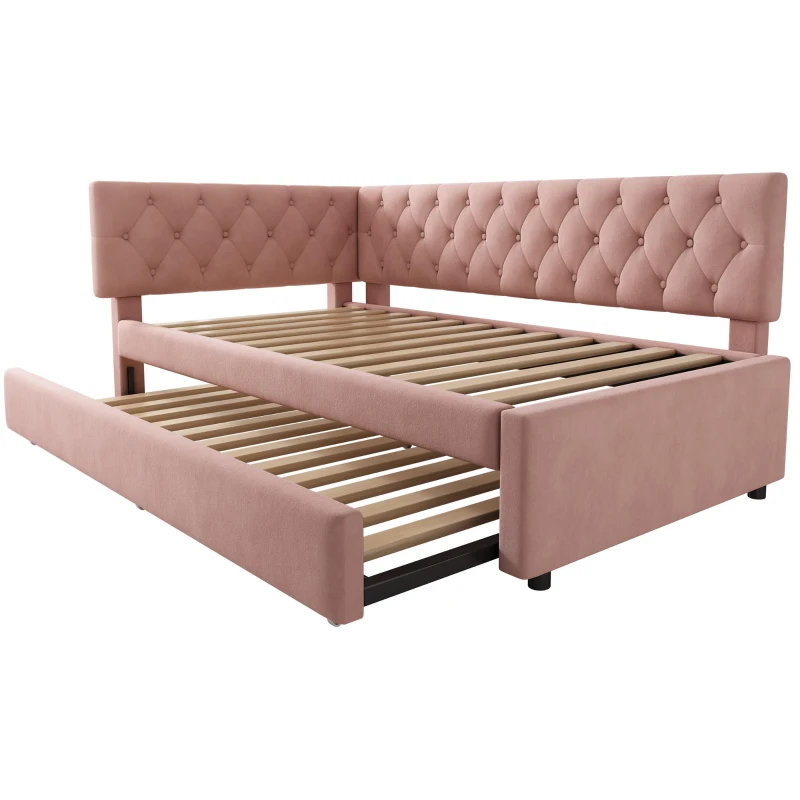 Upholstered Daybed with Pull-Out Trundle and Slatted Base, Space-Saving Velvet Single Sofa Bed for Adults and Kids, 202L x 105W x 83H cm, Pink