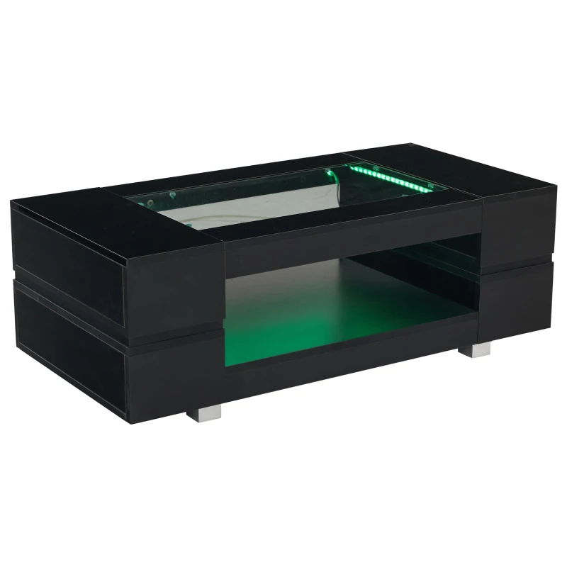 Modern LED Hollow Coffee Table with App-Controlled Light Strip, Desk with High-Gloss Toughened Glass Top, 100L x 50W x 35H cm, Black