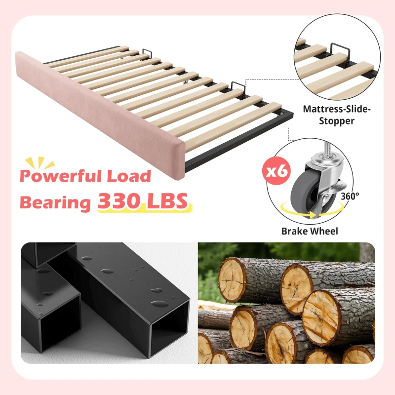 Upholstered Daybed with Pull-Out Trundle and Slatted Base, Space-Saving Velvet Single Sofa Bed for Adults and Kids, 202L x 105W x 83H cm, Pink