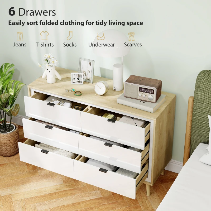 HOMCOM Comodă cu 6 Sertare din Lemn pentru Dormitor, 110x40x75 cm, Alb Lucios și Stejar
