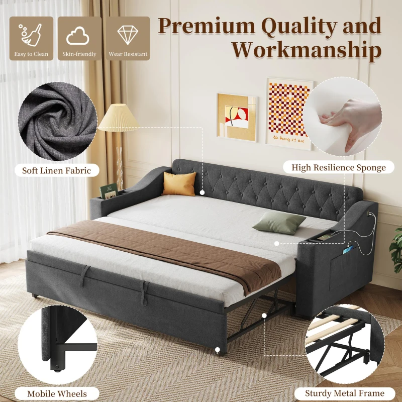 3-in-1 Upholstered Sofa Daybed with USB and Type-C Charging Station, Bed Frame with Built-In Armrest Storage, 217L x 191W x 81H cm, Grey