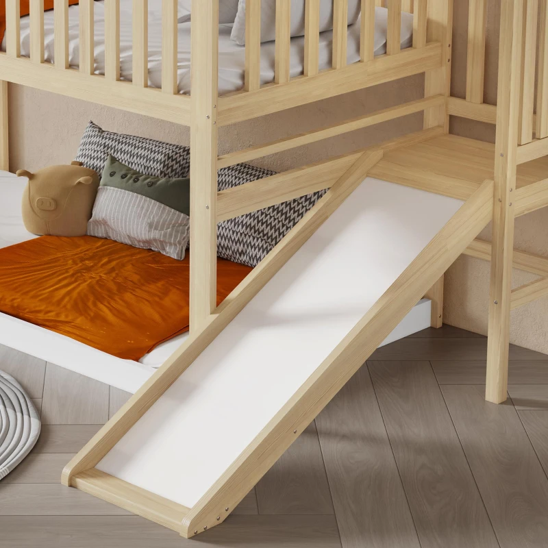 Wooden High Sleeper Bed with Slide and 3‑Step Ladder for Children, Bunk Bed with Playhouse Roof, 240.5L x 137.5W x 221H cm, White+Natural