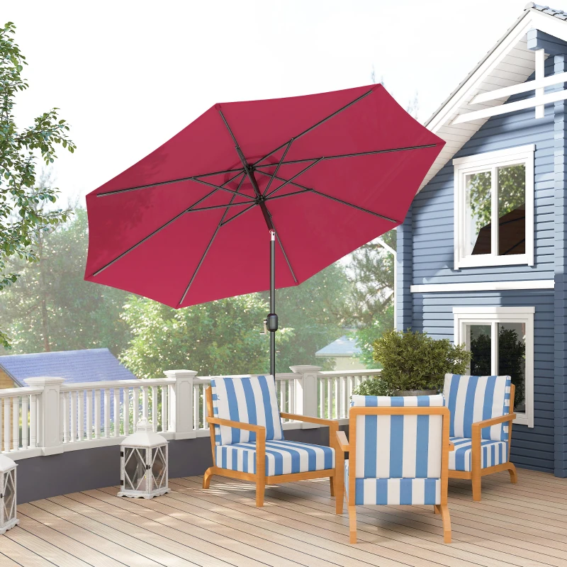 Outsunny Parasol de jardin extérieur Parasol droit inclinable Ø 3 m en métal Rond Polyester 180g/m² manivelle inclinable Bordeaux