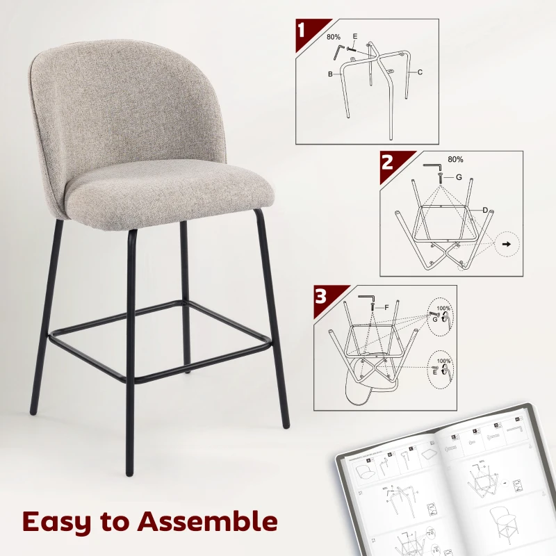 HOMCOM Set 2 Scaune de Bar cu Spătar și Suport pentru Picioare, Acoperire din Material Textil și Picioare din Oțel, Gri