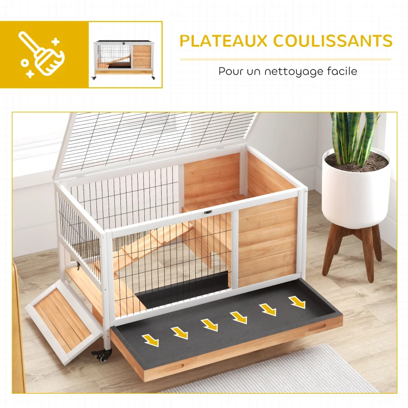 PawHut Clapier lapin intérieur clapier pour cochon d'inde en bois avec toit ouvrant et roulettes 90 x 53 x 59 cm jaune et blanc
