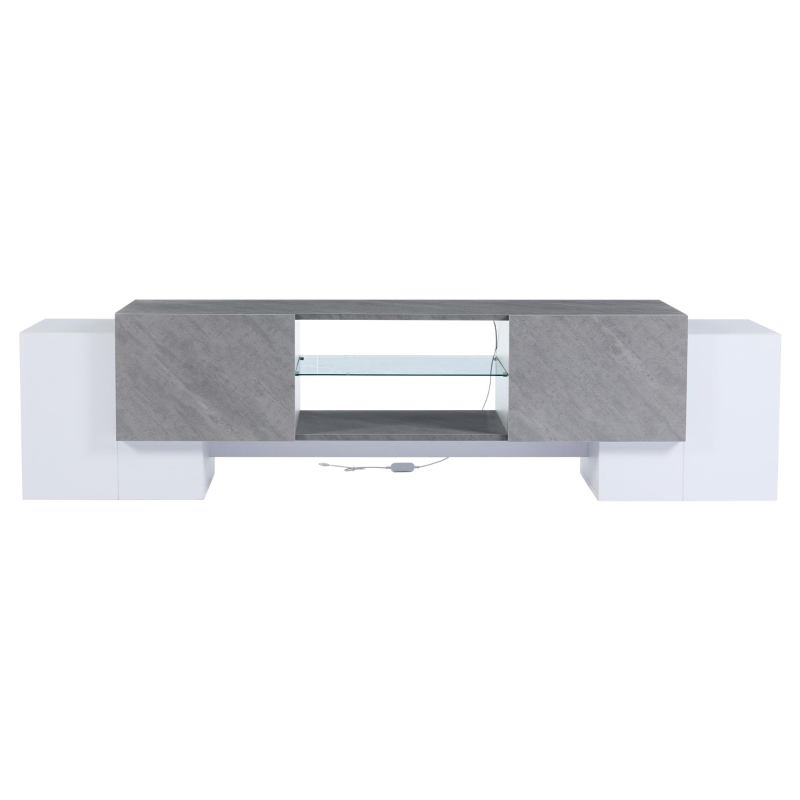 Modern TV Cabinet with App-Controlled LED Lighting, Media Cabinet with 4 Doors and 2 Open Shelves, 180L x 40W x 46.5H cm, Grey+White