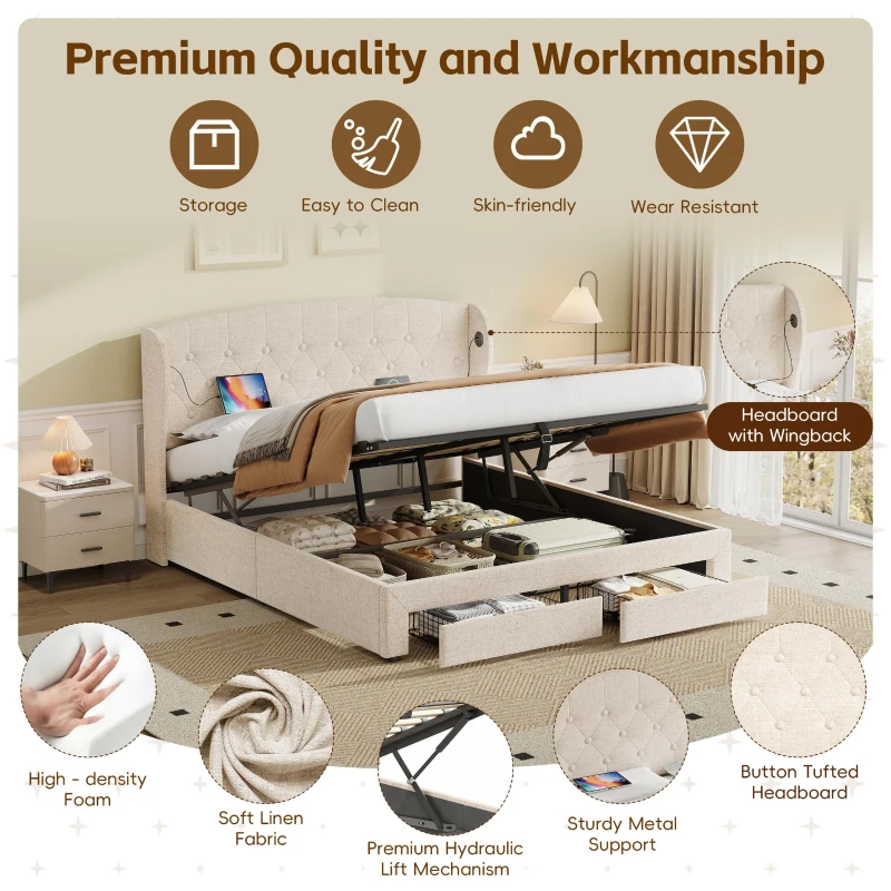 Double Upholstered Ottoman Bed with USB & Type-C Charging Station, Bed Frame with 2 Storage Drawers, 200L x 144W x 116H cm, Beige