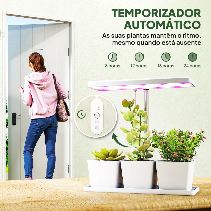 Outsunny Luz de Crescimento com 30 LED de Espectro Completo Ajustável em Altura com Temporizador Automático 8/12/16/24H 5 Níveis de Brilho e 3 Vasos 31,8x13,4x18,6-35,6 cm Branco